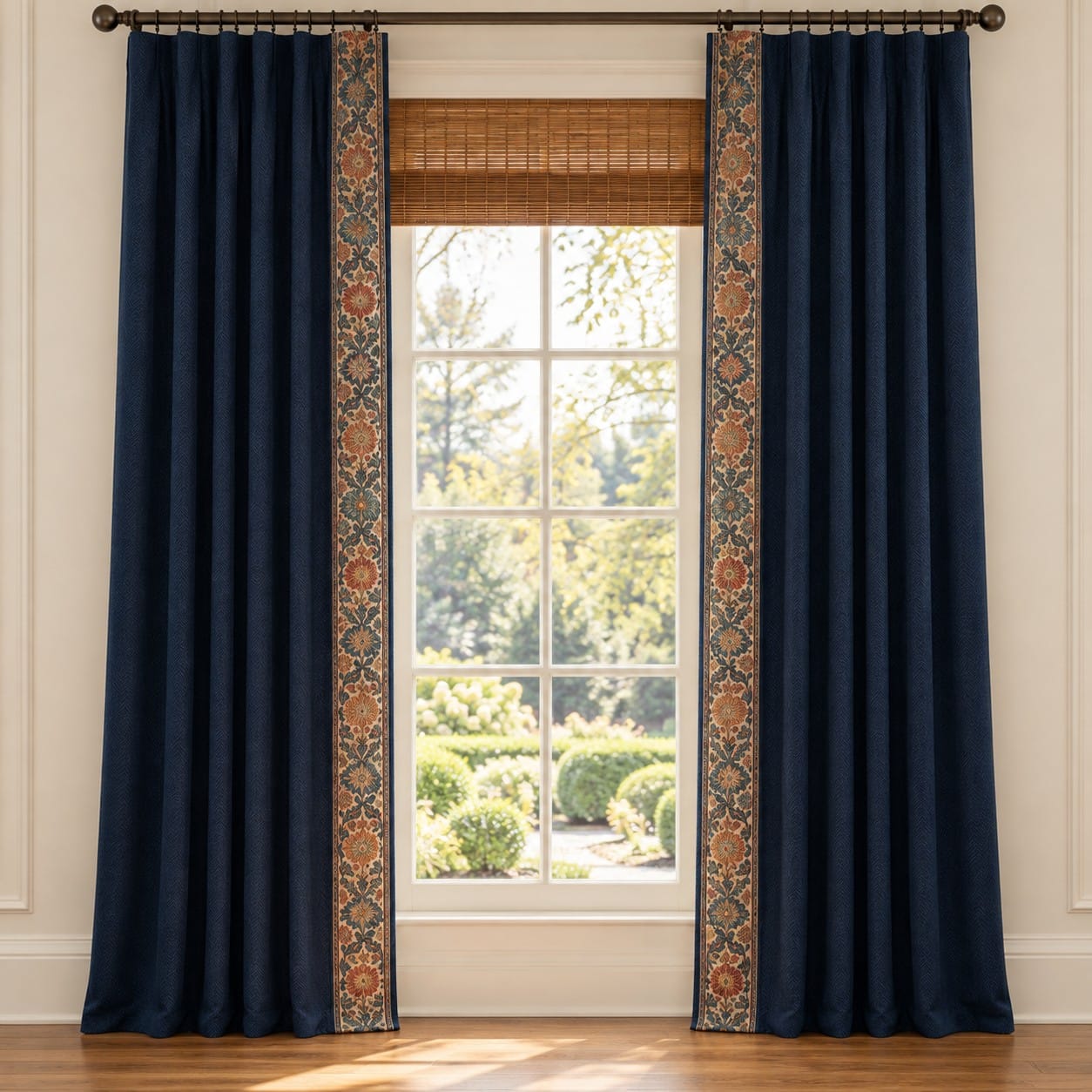 Navy Herringbone Drapery Panels with Antique Garden Border, Pair