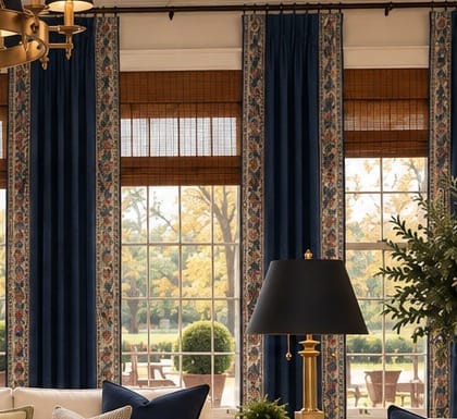 Navy Herringbone Drapery Panels with Antique Garden Border, Pair — additional view