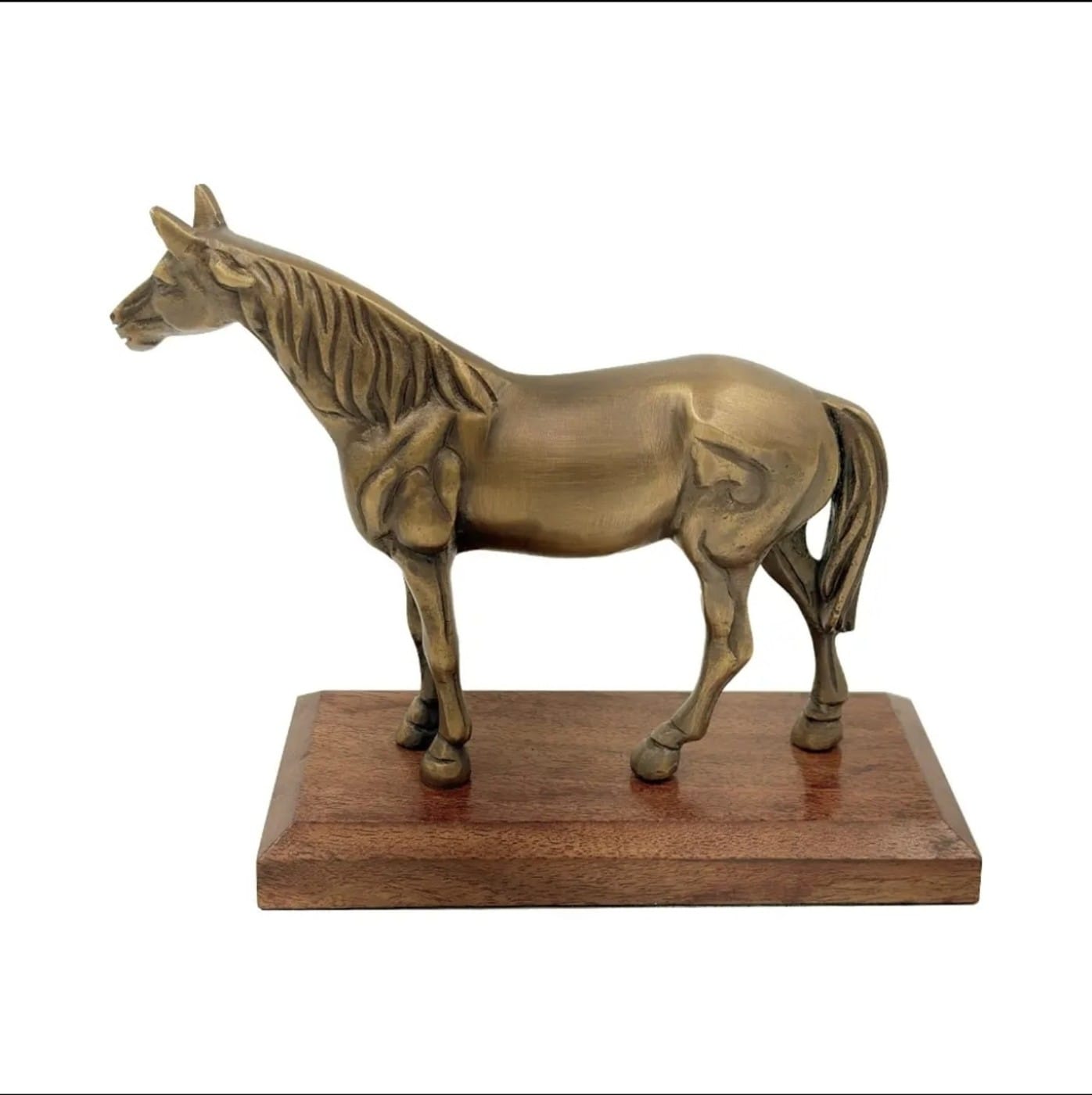Antiqued Brass Horse on Wood Stand — additional view