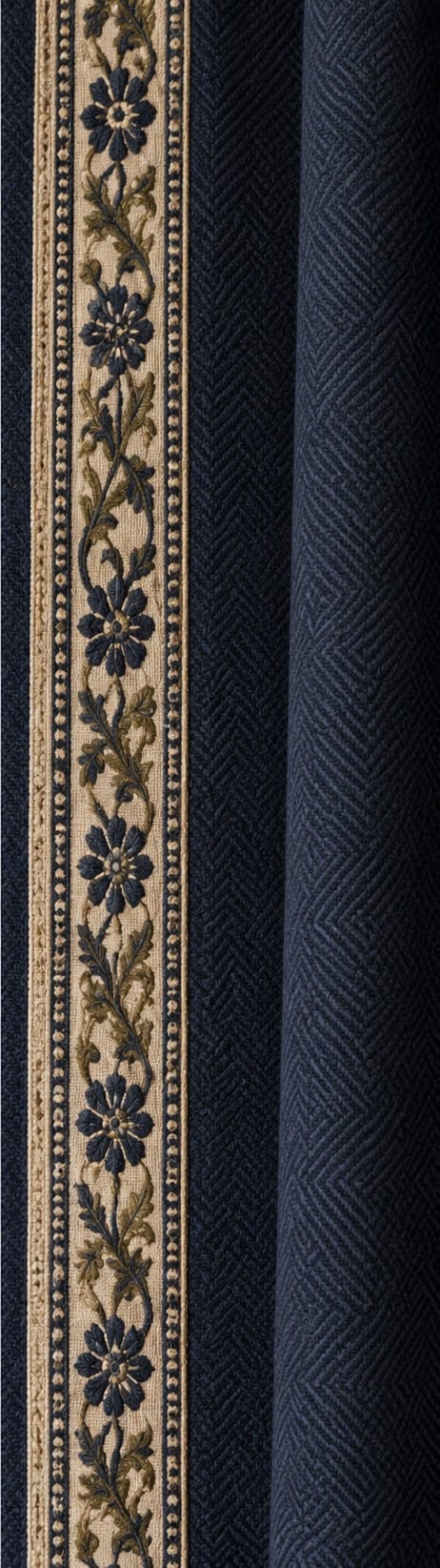 Navy Herringbone Drapery Panels with Heritage Border, Pair — additional view