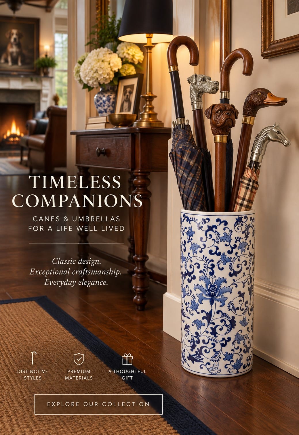 Blue & White Floral Porcelain Umbrella Stand — additional view